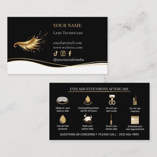 Elegant Eyelash Extensions Lash Aftercare Business Card (Front/Back)