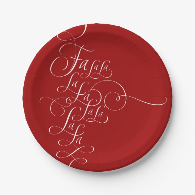 Elegant Fa la la - Christmas Calligraphy Red Paper Plate (Front)