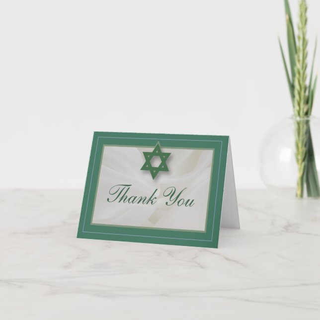 Elegant Fabric Bar Mitzvah Thank You Card Green (Front)