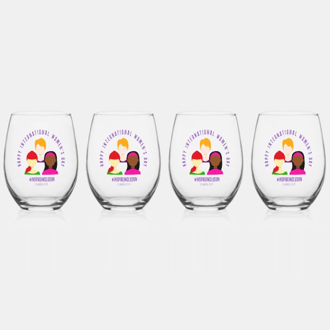Elegant Faces International Women's Day March 8 Stemless Wine Glass (Front)