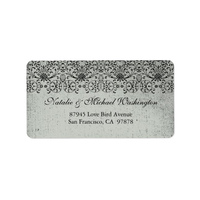 Elegant faded black silver damask address label (Front)