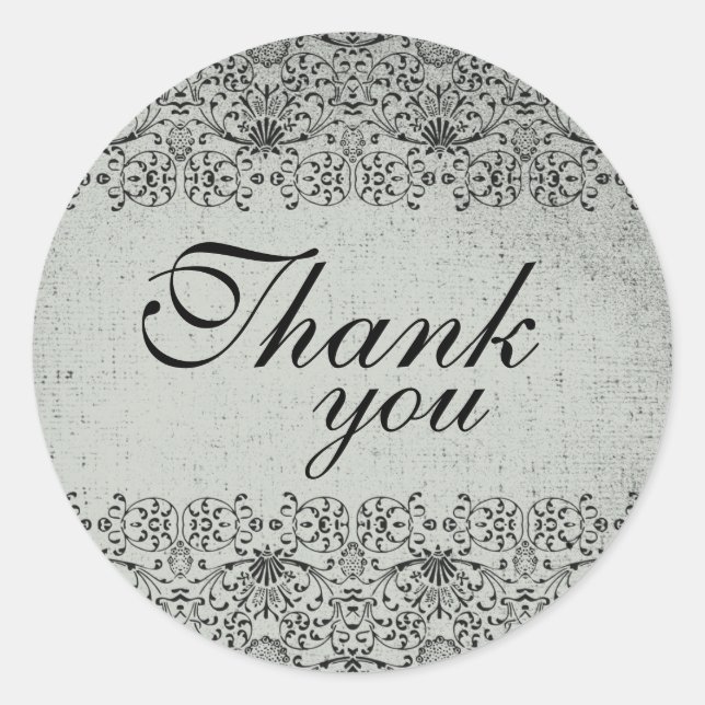 Elegant faded black silver damask wedding stickers (Front)
