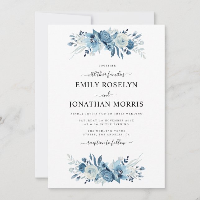 élégant faire-part de mariage à fleurs bleues (Devant)