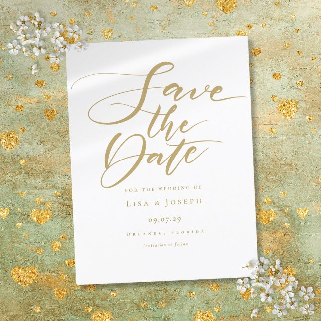 Élégant Faire-Part de Mariage à l'Écriture Dorée (Elegant Gold Script Wedding Save the Date Announcement Postcard)