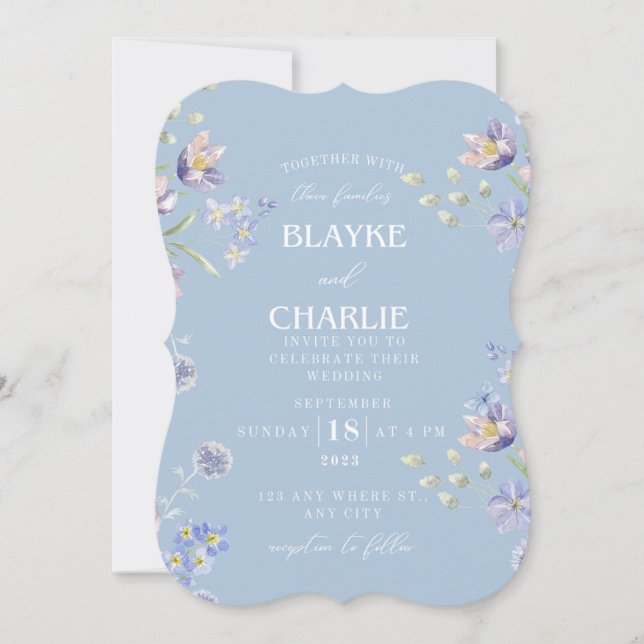 Élégant Faire-part de mariage bleu floral (Devant)