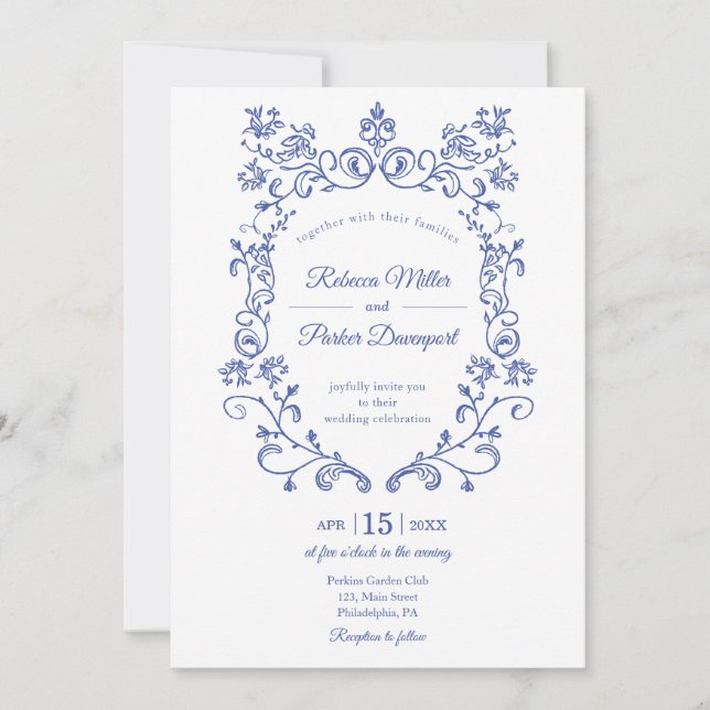 Elégant Faire-part de mariage bleu français (Devant)