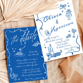 Elégant Faire-part de mariage bleu rétro dessiné à