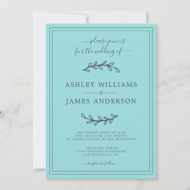 Elégant Faire-part de mariage bleu turquoise (Devant)