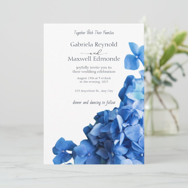 Elégant Faire-part de mariage Blue Hydrangea (Debout devant)