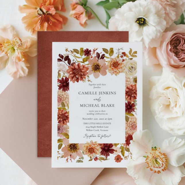 Élégant Faire-part de mariage botanique automnal (Elegant Fall Floral Burgundy Terracotta Wedding Invite)