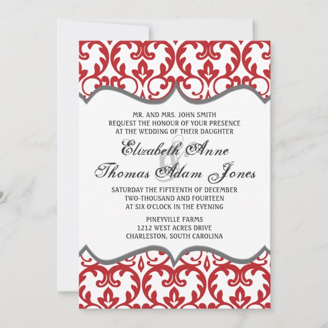 Élégant Faire-part de mariage de coeur rouge damas (Devant)