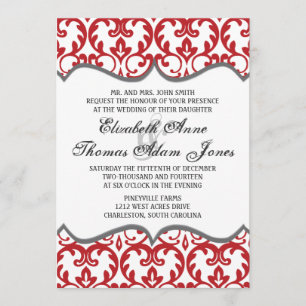 Élégant Faire-part de mariage de coeur rouge damas