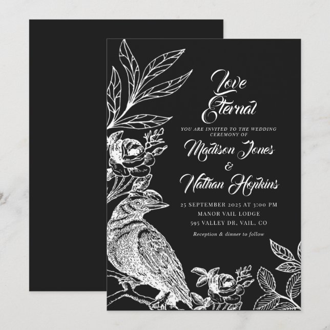 Élégant Faire-part de mariage de corbeau gothique (Devant / Derrière)