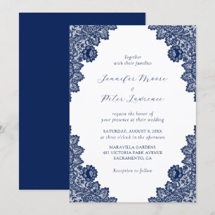 Elégant Faire-part de mariage de dentelle bleu mar