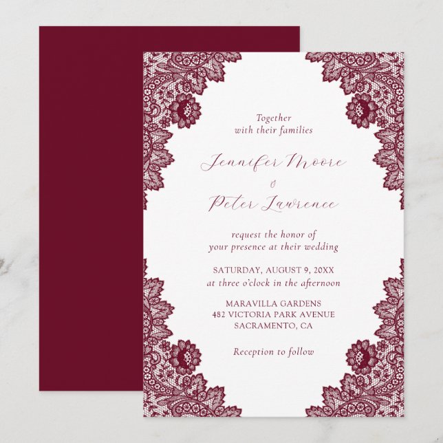 Elégant Faire-part de mariage de dentelle Bourgogn (Devant / Derrière)