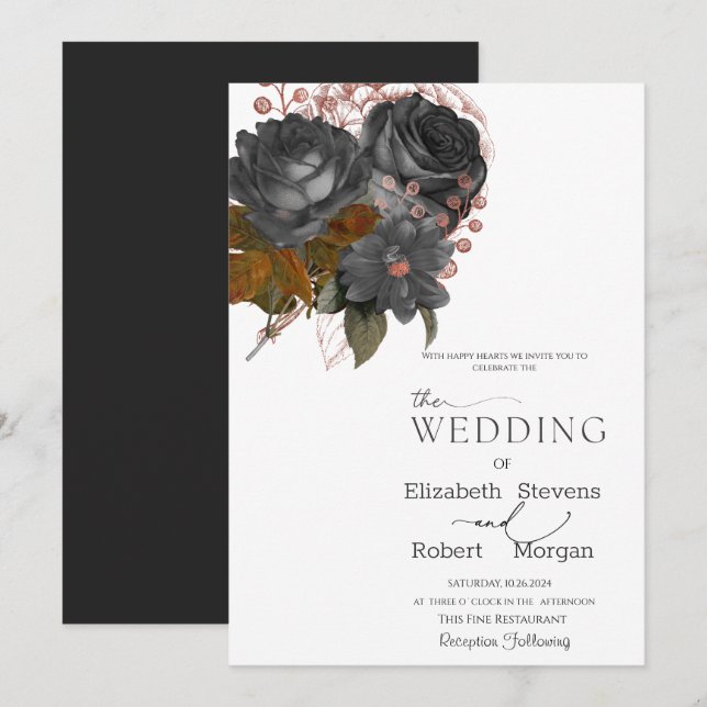 Élégant Faire-part de mariage de Fleurs Noires (Devant / Derrière)