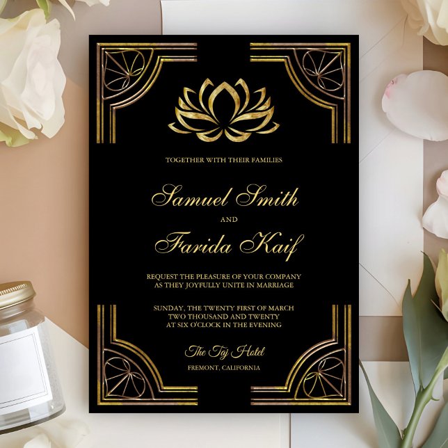 Élégant Faire-part de mariage de Lotus d'or noir (Créateur téléchargé)
