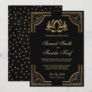 Élégant Faire-part de mariage de Lotus d'or noir