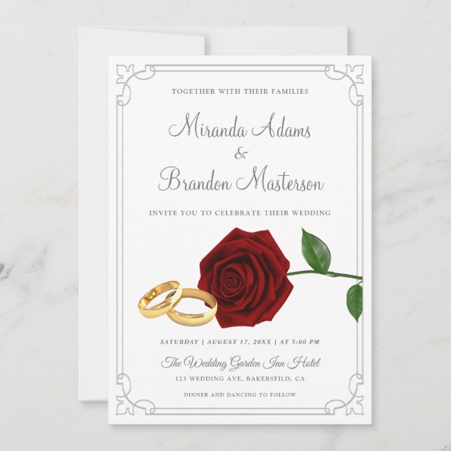 Élégant Faire-part de mariage de roses et anneaux  (Devant)