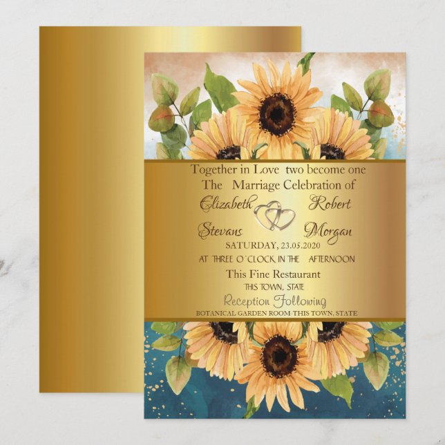 Élégant Faire-part de mariage de tournesols or chi (Devant / Derrière)