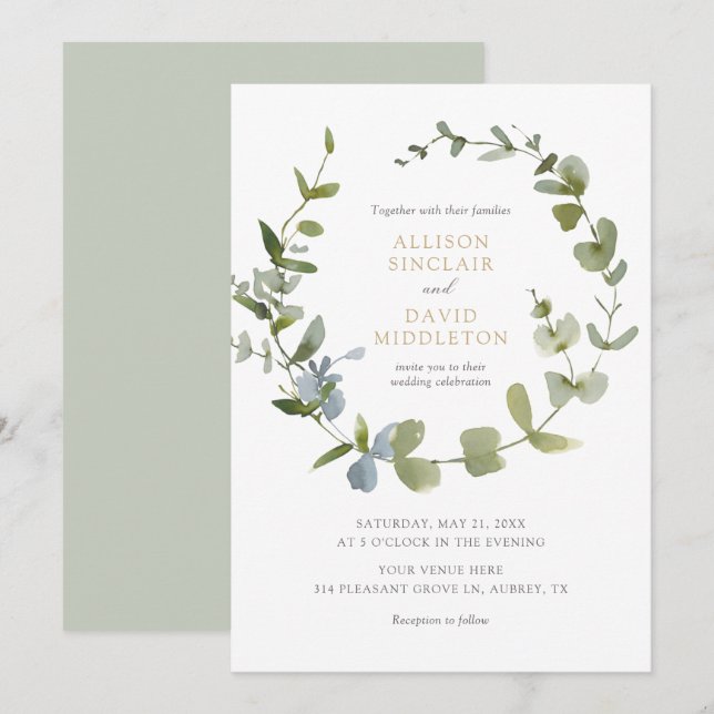 Elégant Faire-part de mariage de verdure Eucalyptu (Devant / Derrière)