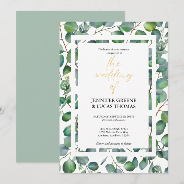 Elégant Faire-part de mariage de verdure Eucalyptu (Devant / Derrière)