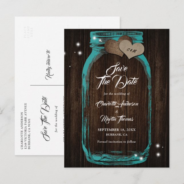Élégant faire-part de mariage en bois et pot Mason (Devant / Derrière)