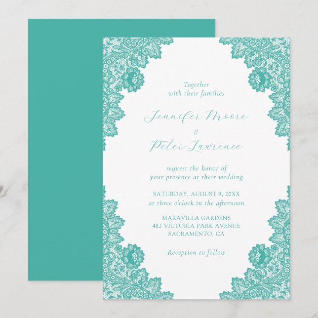 Elégant Faire-part de mariage en dentelle Turquois (Devant / Derrière)