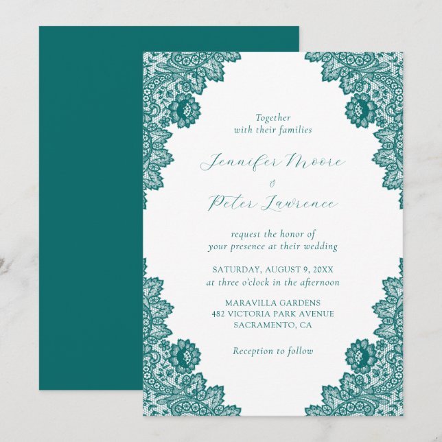 Élégant Faire-part de mariage en dentelle Turquois (Devant / Derrière)