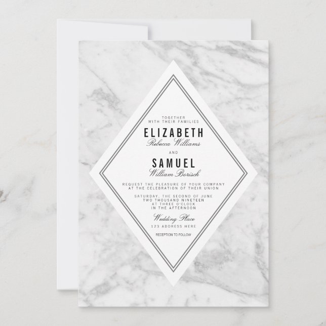 Élégant Faire-part de mariage en marbre blanc et g (Devant)