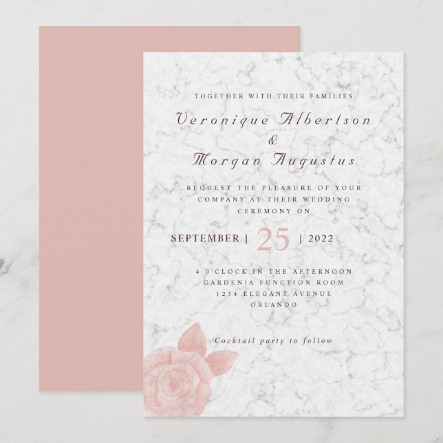 Élégant faire-part de mariage en marbre rose (Devant / Derrière)