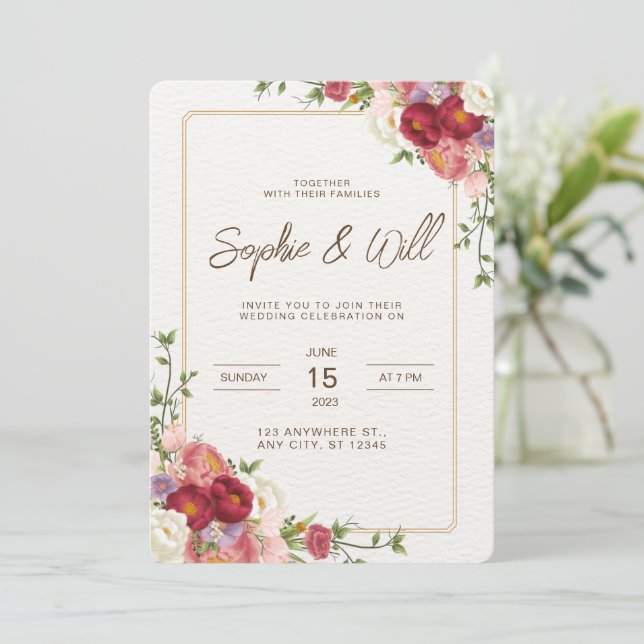 Élégant Faire-part de mariage Fleur Rouge foncé (Debout devant)