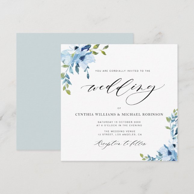 élégant faire-part de mariage fleuri bleu et blanc (Devant / Derrière)