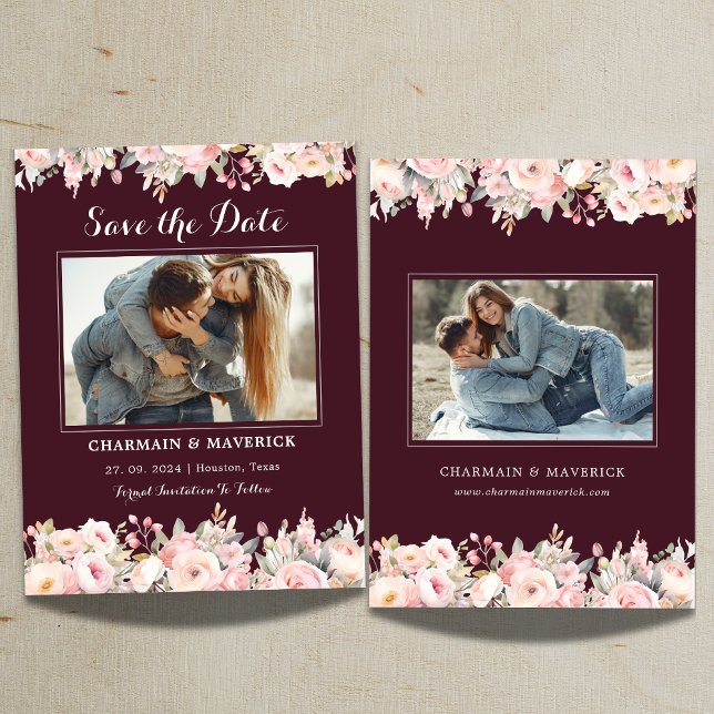 Élégant Faire-Part de Mariage Fleuris Rose Bourgog (Créateur téléchargé)