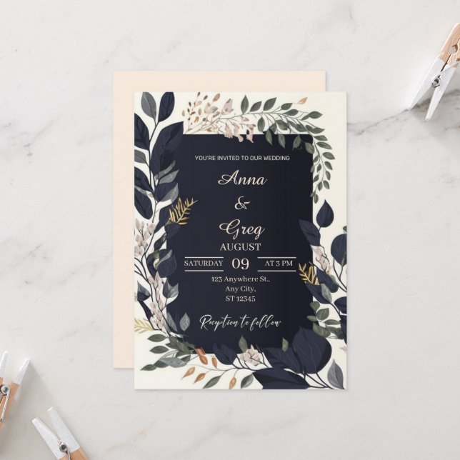 Élégant Faire-part de mariage Floral (Devant/Arrière en situation)