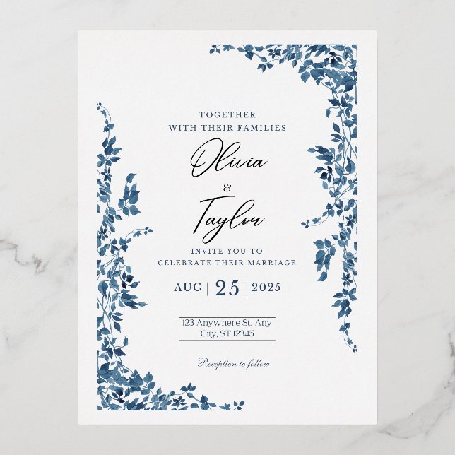 Elégant Faire-part de mariage Floral avec Or (Recto)
