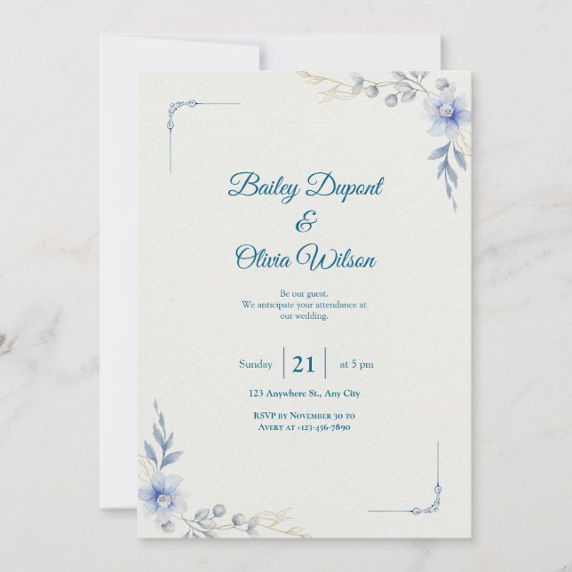Élégant Faire-part de mariage Floral Bleu (Devant)