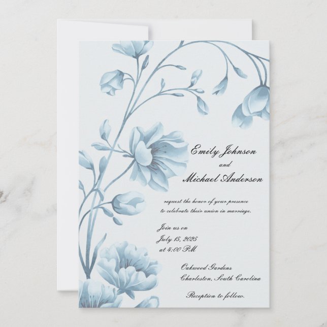 Élégant Faire-part de mariage Floral Bleu (Devant)
