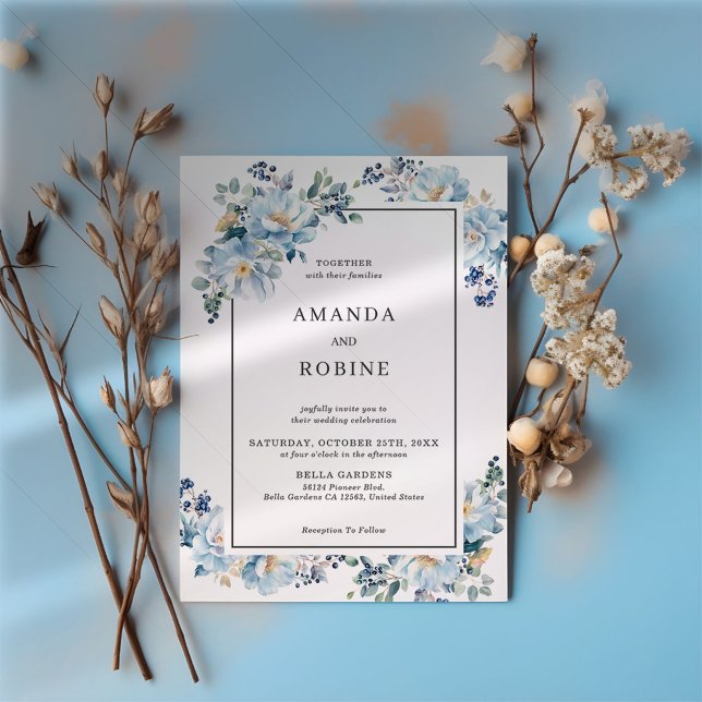 Élégant Faire-part de mariage Floral Bleu (Créateur téléchargé)