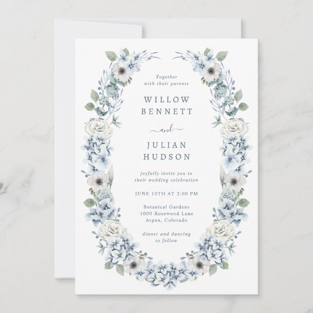 Elégant Faire-part de mariage Floral bleu Dusty (Devant)