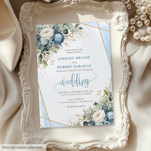 Elégant Faire-part de mariage Floral bleu Dusty (Elegant Dusty Blue Gold Floral Wedding Invitation)