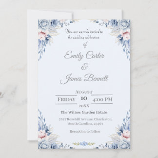 Élégant Faire-part de mariage floral bleu et blanc