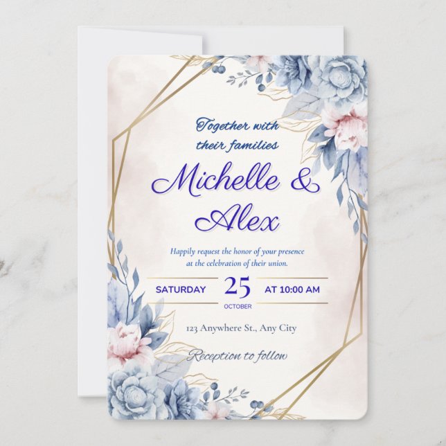 Elégant Faire-part de mariage floral bleu et bleu (Devant)
