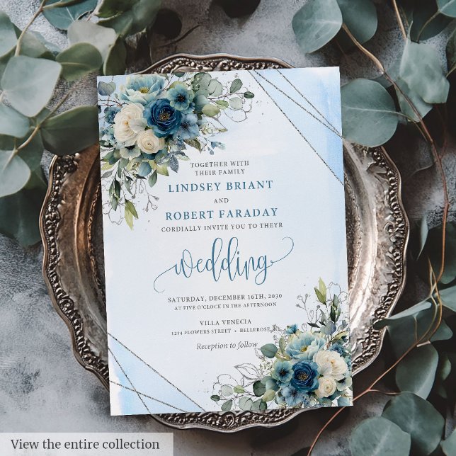 Élégant Faire-part de mariage floral bleu foncé (Elegant Dark Blue Silver Floral Wedding Invitation)