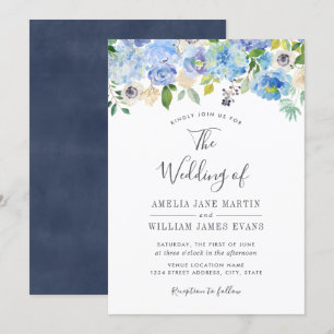 Elégant Faire-part de mariage floral bleu marine