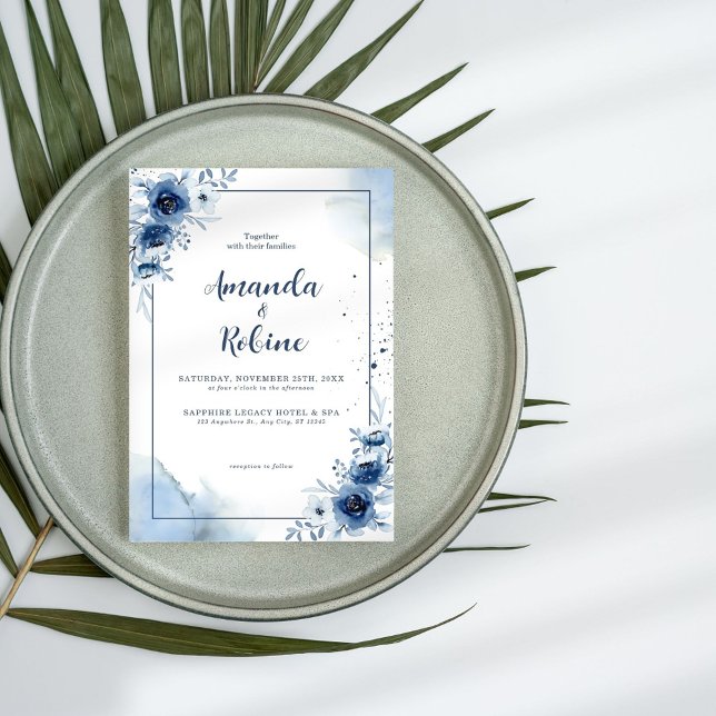 Elégant Faire-part de mariage floral bleu marine (Créateur téléchargé)