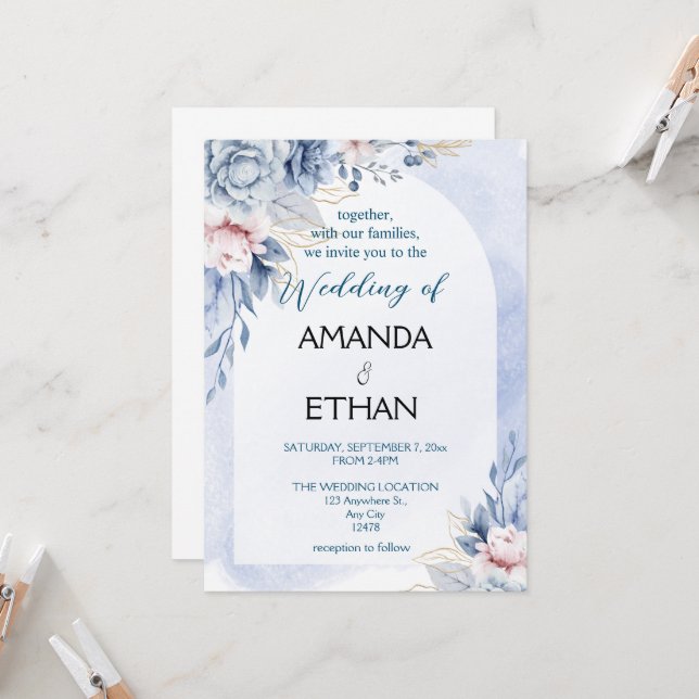 Elégant faire-part de mariage floral bleu poussiér (Devant/Arrière en situation)
