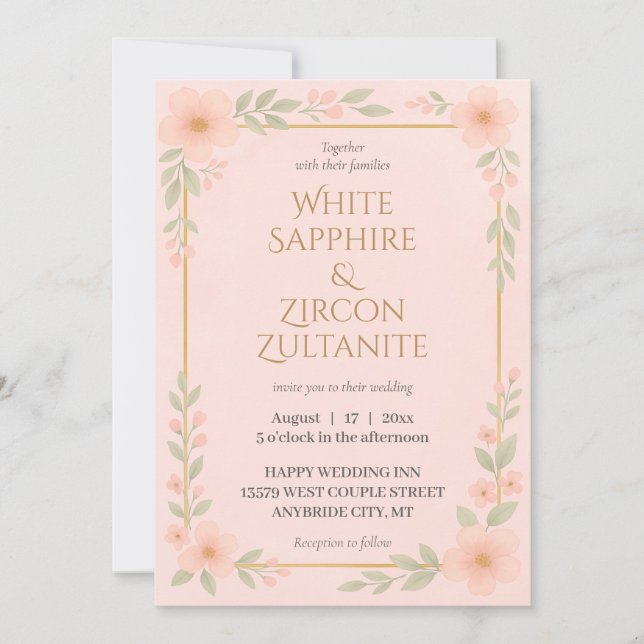 Élégant Faire-part de mariage floral Blush avec or (Devant)