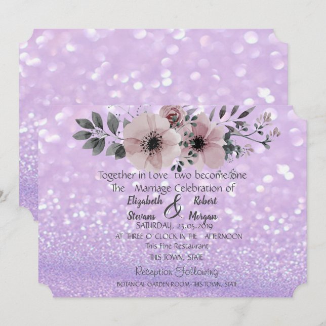 Élégant Faire-part de mariage floral Bokeh Glitter (Devant / Derrière)