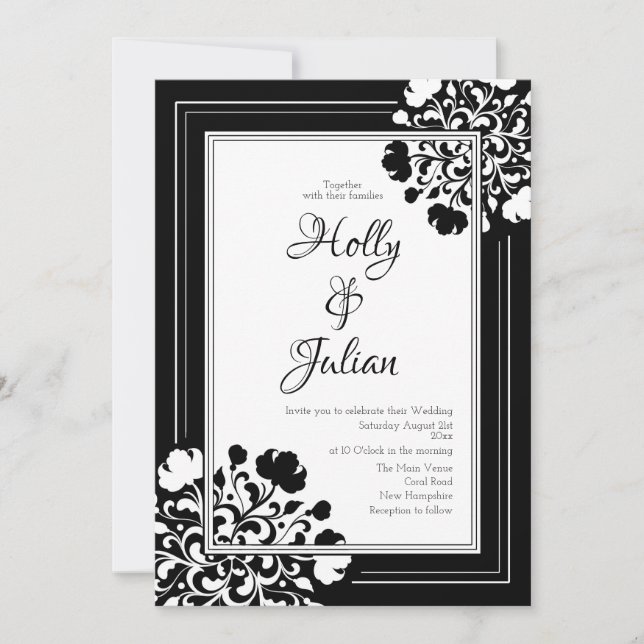 Élégant Faire-part de mariage floral noir et blanc (Devant)